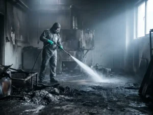 Reinigingstechnicus in beschermende uitrusting verwijdert roetzwarte aanslag van aangebrande commerciële vloer met hogedrukreiniger.