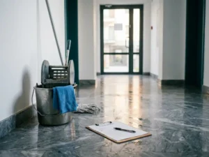 Schoonmaakchecklist op klembord in gemarmerde appartementhallway met mopemmer en microvezeldoek op gepolijste grijze vloer.