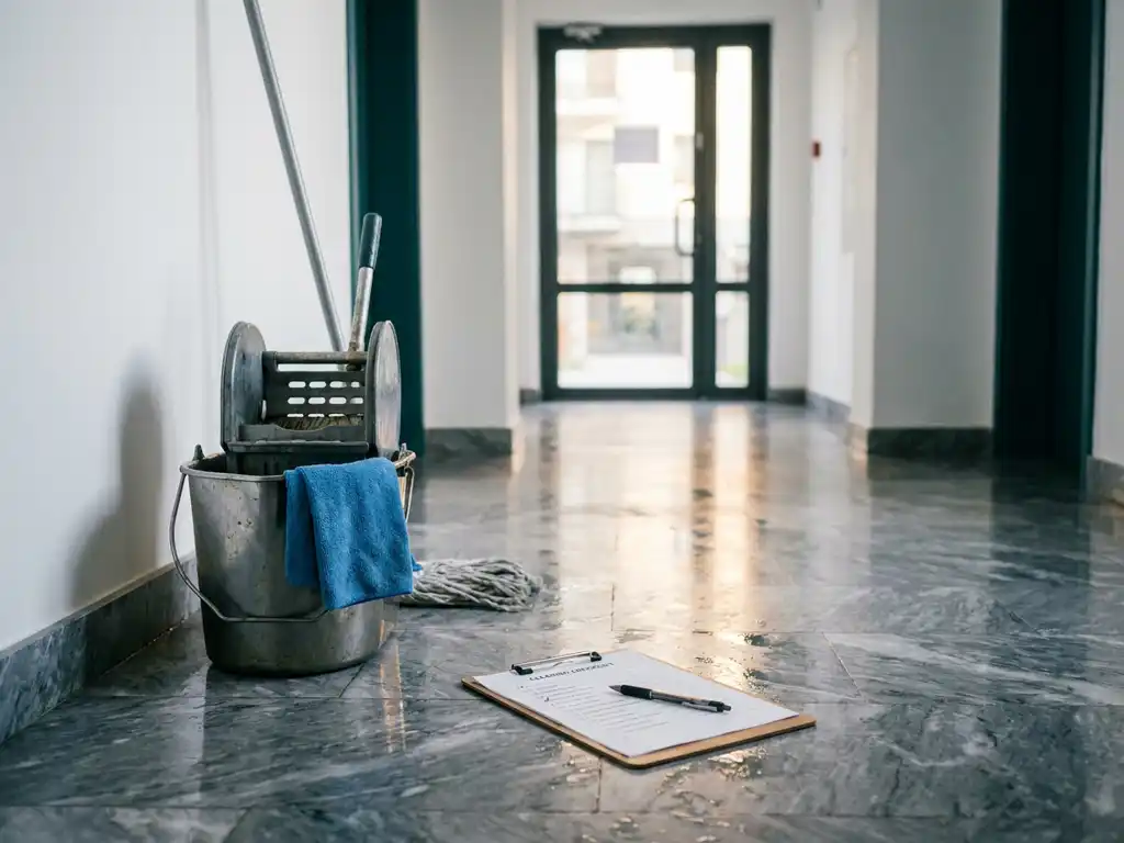 Schoonmaakchecklist op klembord in gemarmerde appartementhallway met mopemmer en microvezeldoek op gepolijste grijze vloer.