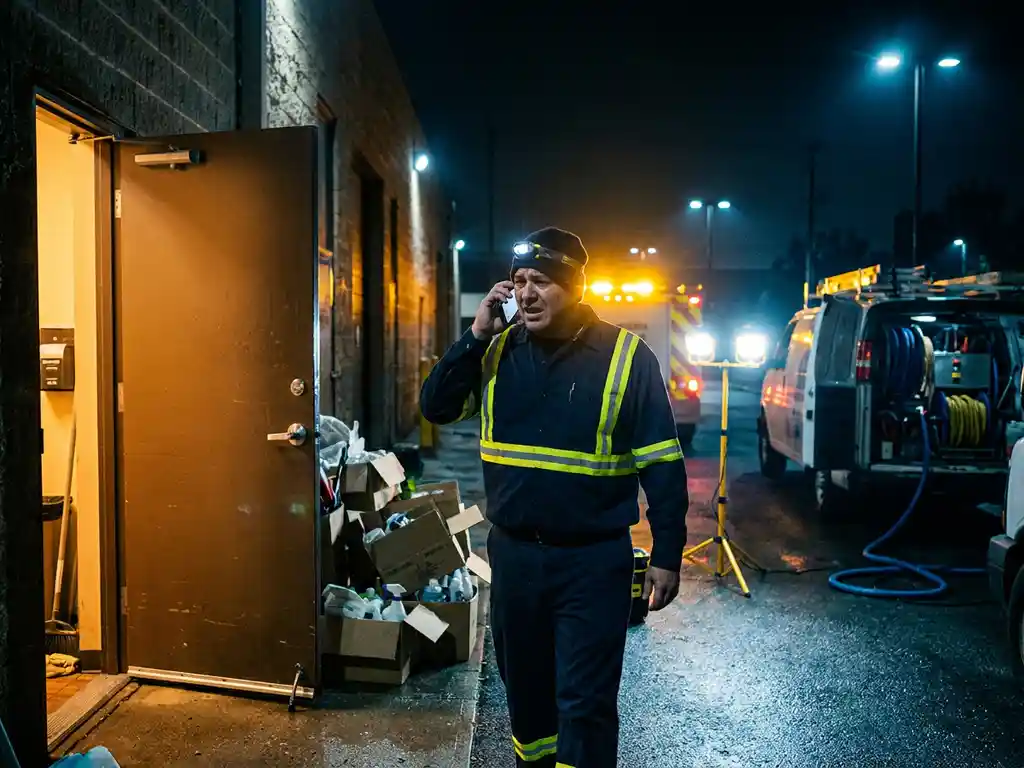 Reinigingsmedewerker in uniform neemt 's nachts urgente oproep aan buiten rommelige commerciële ruimte, schoonmaakwagen op achtergrond.