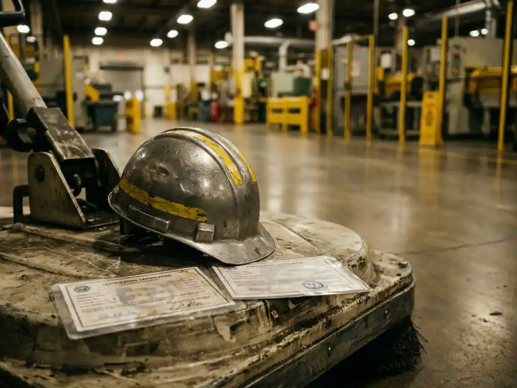 Versleten veiligheidshelm en gelamineerde certificaten op een industriële reinigingsmachine, met een glanzende fabriekshal op de achtergrond.