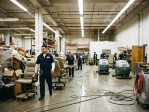 Professioneel schoonmaakteam verwijdert meubilair en gebruikt industriële vloermachines in grote commerciële ruimte met glanzende tegels.