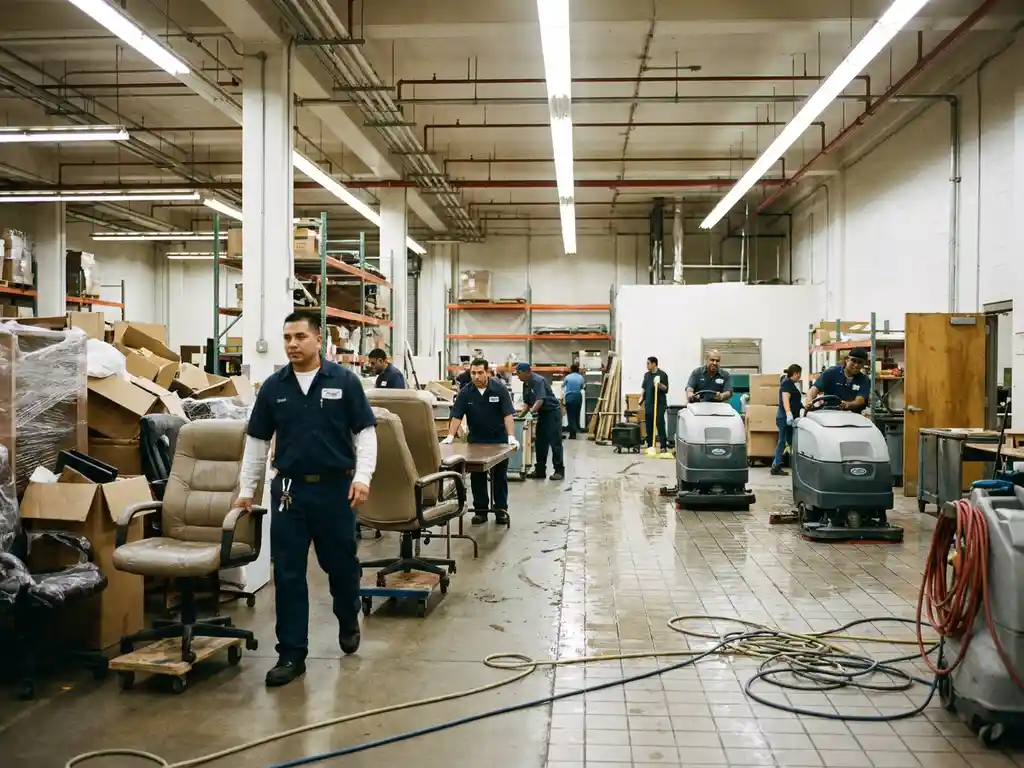 Professioneel schoonmaakteam verwijdert meubilair en gebruikt industriële vloermachines in grote commerciële ruimte met glanzende tegels.