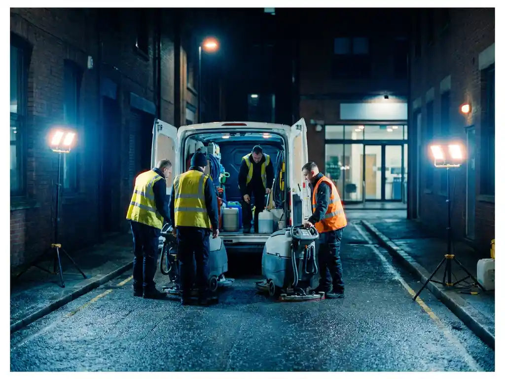 Professioneel schoonmaakteam in hesjes laadt industriële apparatuur uit een witte bestelbus op een natte straat bij nacht.