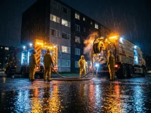 Schoonmaakploeg in gele regenkleding bedient een krachtige extractie-unit bij een wateroverlast in een flatgebouw 's nachts.