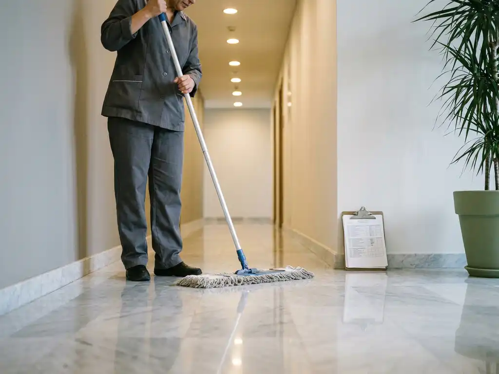 Schoonmaker in uniform dweilt glanzende marmeren gang van appartementengebouw, klembord leunt tegen witte muur.