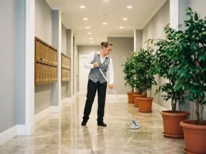Professionele schoonmaker in uniform dweilt glanzende marmeren gang van appartementencomplex met brievenbussen en planten.