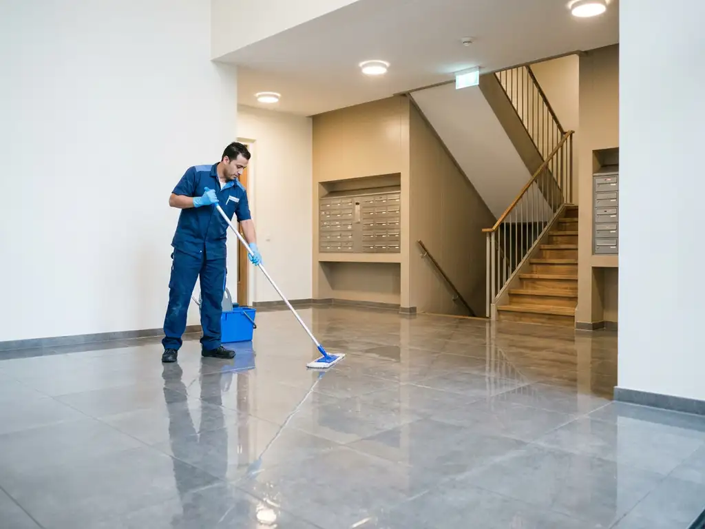 Professionele schoonmaker dweilt glanzende tegelvloer in Nederlandse appartementenhal met brievenbussen en trap op de achtergrond.