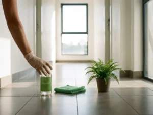 Schoonmaker plaatst eco-vriendelijke groene sprayfles op grijze tegelvloer in appartementgang, met microvezeldoek en kleine plant.