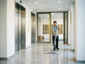 Schoonmaker die de vloer dweilt in een moderne appartementshal met glanzende roestvrijstalen liftdeuren en gepoetste brievenbussen.