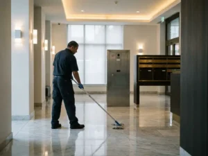 Schoonmaker dweilt glanzende marmeren vloer in moderne appartementenhal met intercom en brievenbussen op de achtergrond.