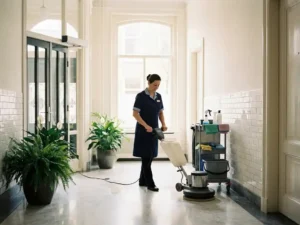 Professionele schoonmaker polijst marmeren vloer in lichte hal van Nederlands appartementengebouw, met schoonmaakwagen en glazen entree.