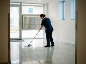 Professionele schoonmaker dweilt glanzende marmeren vloer in moderne Nederlandse appartementencomplex hal met gepolijste brievenbussen.