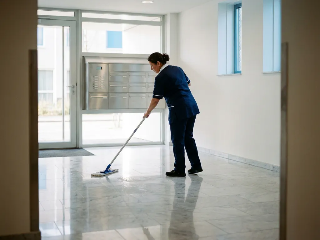 Professionele schoonmaker dweilt glanzende marmeren vloer in moderne Nederlandse appartementencomplex hal met gepolijste brievenbussen.