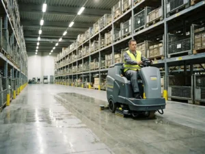 Schoonmaaktechnicus met industriële vloerschrobmachine in magazijn met stalen stellingkasten en glanzende betonvloer.