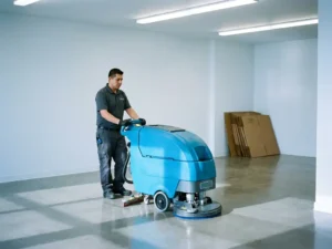 Professionele schoonmaker met industriële vloerschrobmachine in leeg appartement met betonnen vloer en kartonnen dozen.