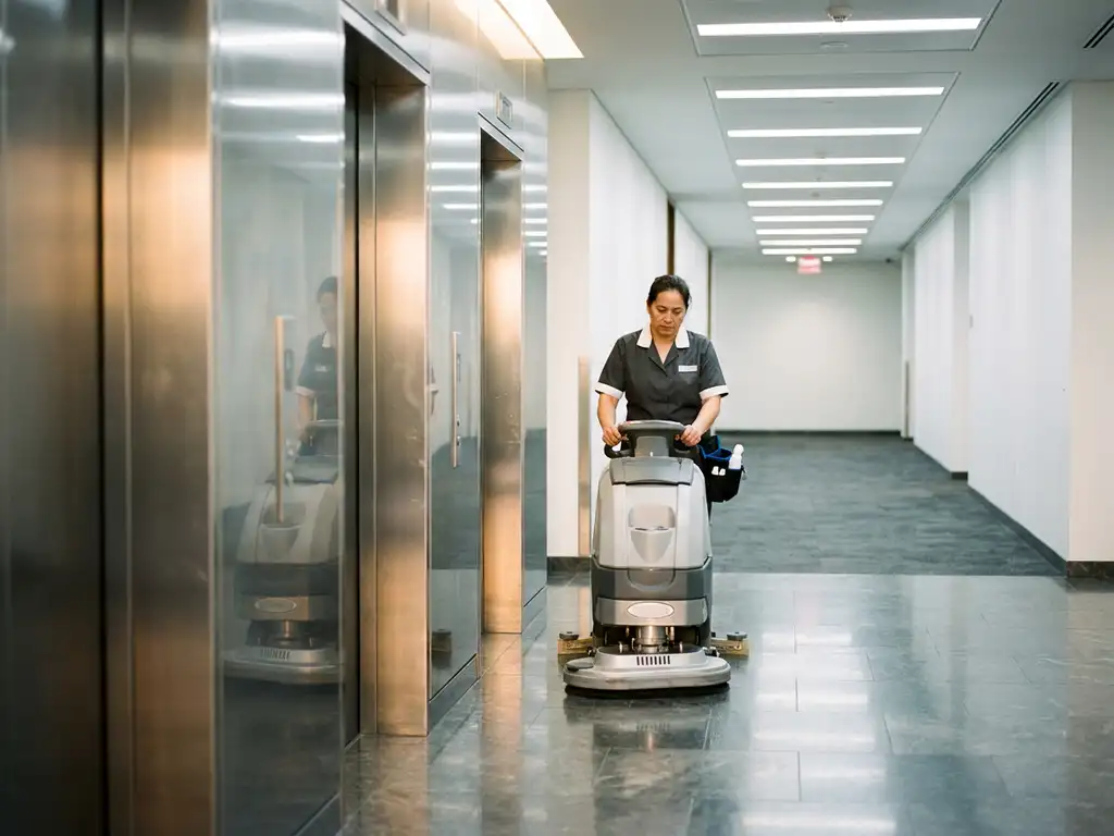 Schoonmaker in uniform bedient vloerschrobmachine in glanzende liftlobby met gepolijste roestvrijstalen liftdeuren.