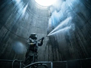 Industrieel arbeider in beschermende uitrusting die de betonnen binnenwand van een silo hogedrukreinigt, gezien vanuit lage hoek.