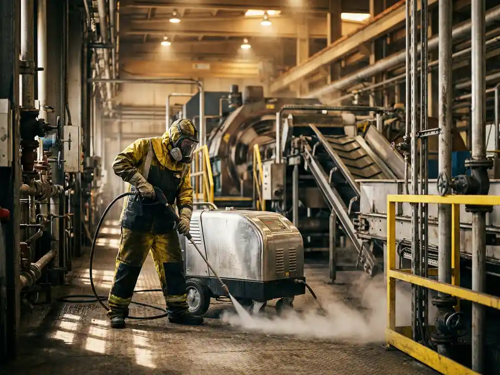 Reinigingstechnicus in beschermende uitrusting bedient hogedruk stoomreiniger op fabrieksvoer, omgeven door industriële leidingen en machines.