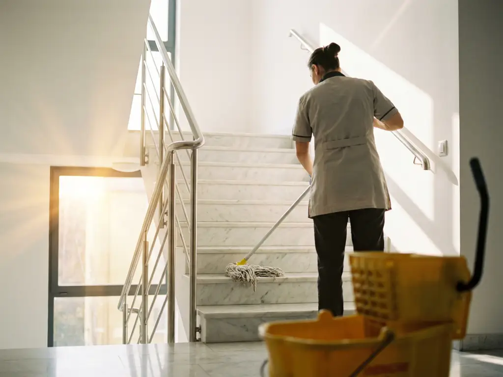 Professionele schoonmaker dweilt marmeren trappenhuis van appartementencomplex met gele emmer en mop op de voorgrond.