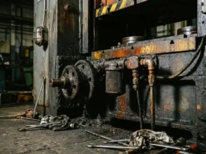 Verwaarloosde industriële machine met dikke vetopbouw, gecorrodeerde fittingen en verstopte filters op een donkere fabriekshal.