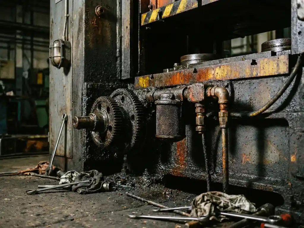 Verwaarloosde industriële machine met dikke vetopbouw, gecorrodeerde fittingen en verstopte filters op een donkere fabriekshal.