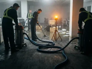 Schoonmaakploeg zuigt stilstaand water op uit overstroomd kantoor met industriële nat-stofzuigers op doorweekt grijs tapijt.