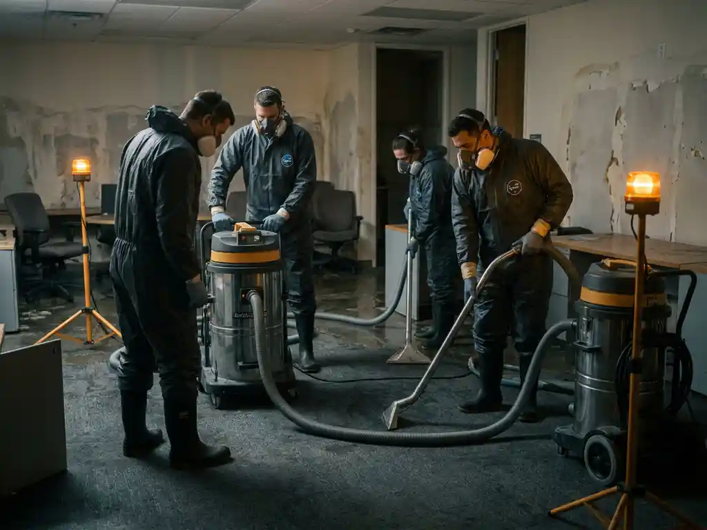 Professioneel reinigingsteam in beschermende kleding dat water wegzuigt uit een overstroomd kantoorpand met industriële apparatuur.