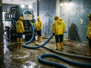 Professioneel reinigingsteam in beschermende uitrusting dat water wegpompt uit een beschadigde, overstroomde ruimte met kromgetrokken vloeren en natte muren.