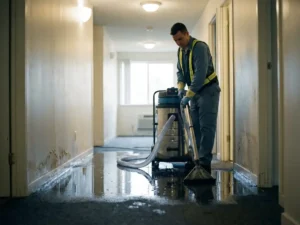 Schoonmaaktechnicus die met een krachtige natextractie-machine wateroverlast verwijdert uit een beschadigde gang met doorweekt tapijt.