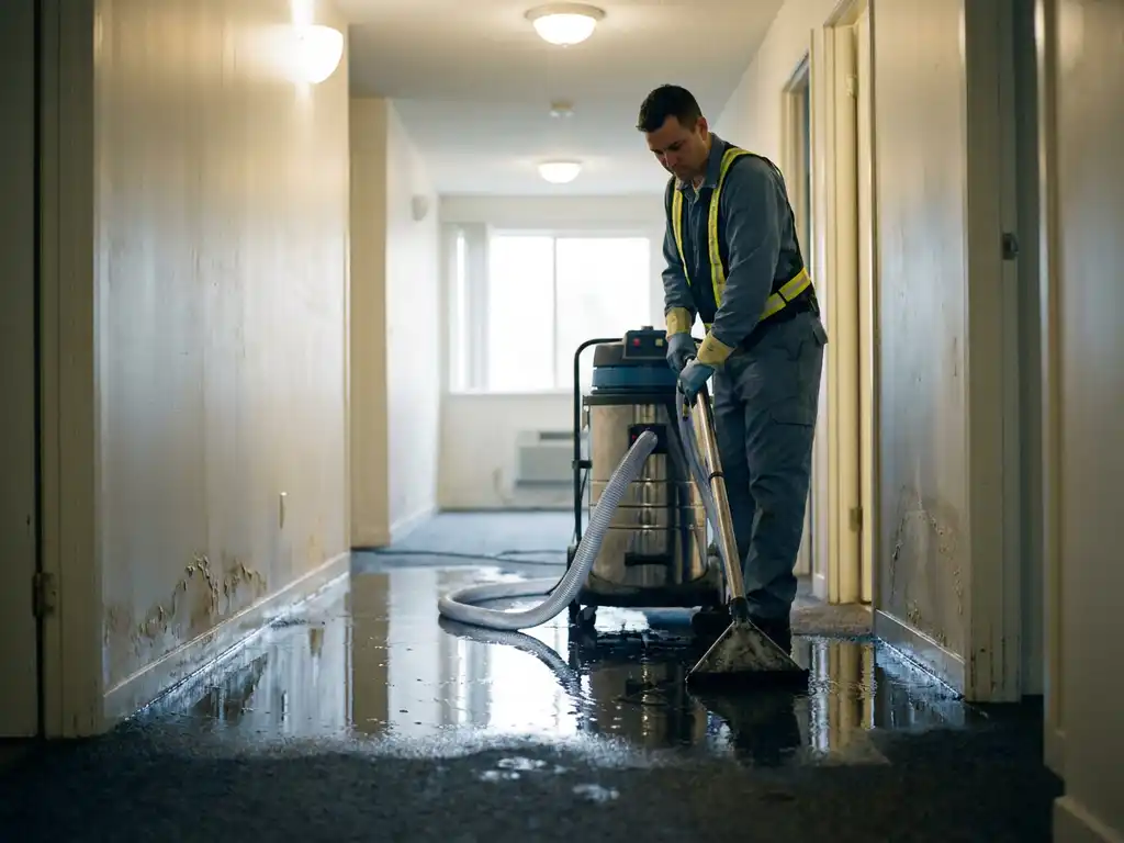 Schoonmaaktechnicus die met een krachtige natextractie-machine wateroverlast verwijdert uit een beschadigde gang met doorweekt tapijt.