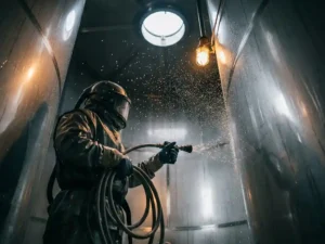 Industrieel werknemer in beschermende uitrusting inspecteert roestvrijstalen opslagtank met hogedrukreiniger, waterdruppels in warm amberkleurig licht.