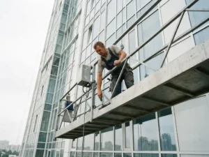 Glazenwasser op hangsteiger reinigt glazen gevel van modern appartementengebouw, stedelijke skyline zichtbaar in reflectie.
