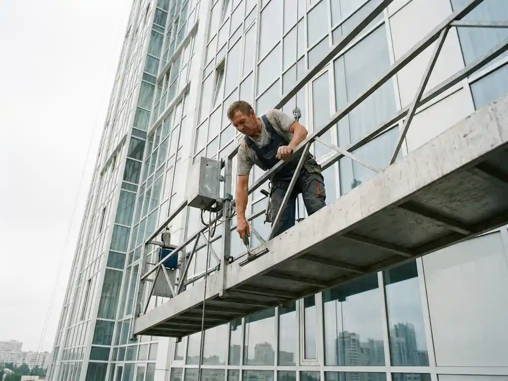 Glazenwasser op hangsteiger reinigt glazen gevel van modern appartementengebouw, stedelijke skyline zichtbaar in reflectie.