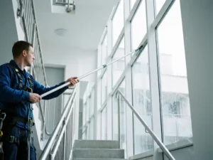 Professionele glazenwasser met lange steel reinigt hoge trappenhuis ramen in modern appartementengebouw, zeepwater op helder glas.