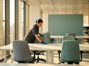 Professionele schoonmaker reinigt een gedeeld hot-desk werkstation in een modern kantoor met witte bureaus en ergonomische stoelen.