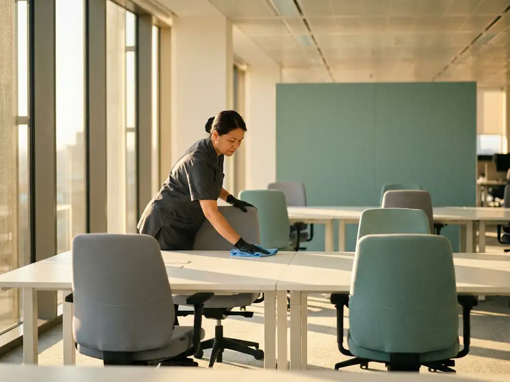 Professionele schoonmaker reinigt een gedeeld hot-desk werkstation in een modern kantoor met witte bureaus en ergonomische stoelen.