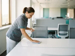 Schoonmaakspecialist in uniform die een gedeeld kantoorbureau desinfecteert met een sprayfles in een open kantooromgeving.