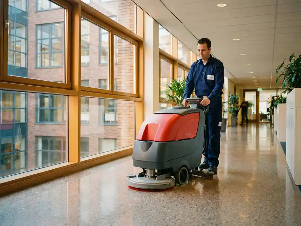Schoonmaakmedewerker in uniform polijst kantoorgang met industriële vloerschrobber, reflecties op glanzende vloer, modern Nederlands gebouw.