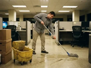 Kantoormedewerker in zakelijke kleding mopt commerciële vloer met zichtbare vegen en vuile smudges, emmer met grijs water ernaast.