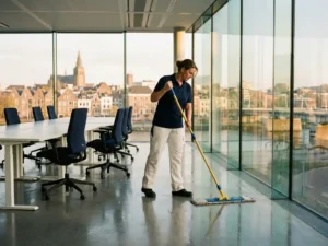 Schoonmaakmedewerker mopt glanzende kantoorvloer in Arnhem, met uitzicht op de Nederlandse skyline door grote raampartijen.