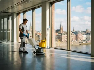Professionele schoonmaker polijst glanzende vloer in modern kantoor in Arnhem, met uitzicht op de Nederlandse skyline door grote ramen.