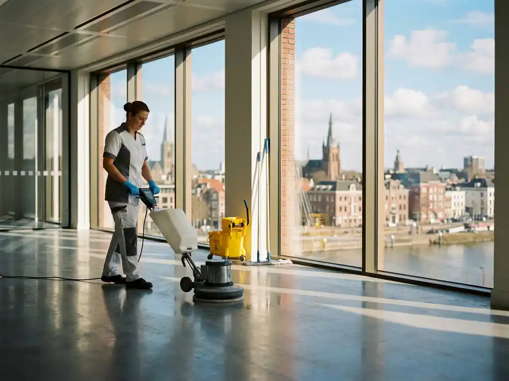 Professionele schoonmaker polijst glanzende vloer in modern kantoor in Arnhem, met uitzicht op de Nederlandse skyline door grote ramen.