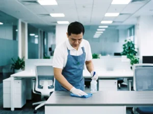Professionele schoonmaker in uniform die een gedeeld kantoorbureau desinfecteert met microvezeldoek en spray, open kantoorruimte op achtergrond.