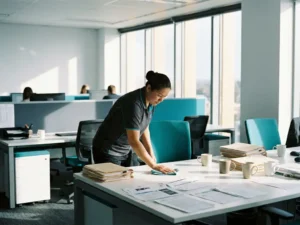 Professionele schoonmaker in uniform die een bureau reinigt in een druk open kantoor met stapels dossiers en koffiekopjes.