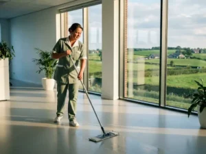 Professionele schoonmaker in uniform dweilt glanzende kantoorvloer met uitzicht op Gelderlands landschap in warm middaglicht.