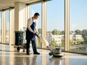 Professionele schoonmaker polijst marmeren vloer in modern kantoorgebouw in Ede, schoonmaakwagen en zonnig stadsgezicht op achtergrond.