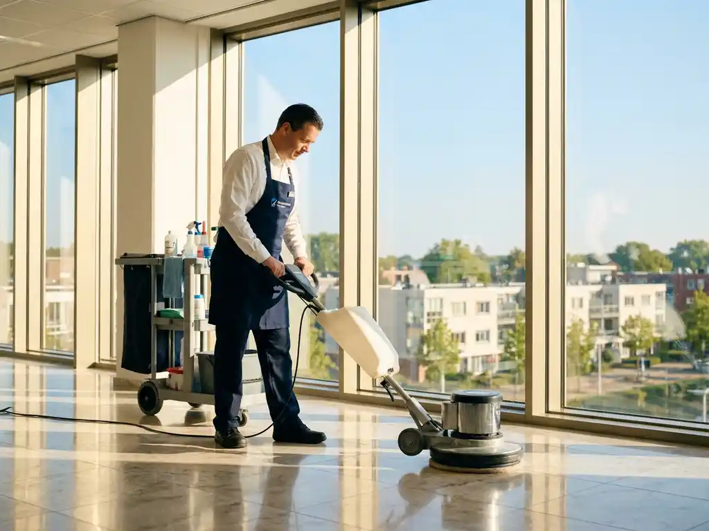 Professionele schoonmaker polijst marmeren vloer in modern kantoorgebouw in Ede, schoonmaakwagen en zonnig stadsgezicht op achtergrond.