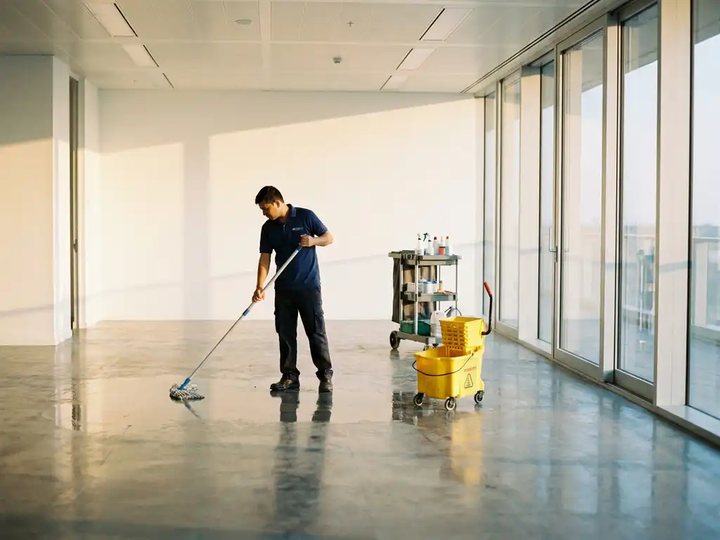 Schoonmaakmedewerker mopt glanzende betonvloer in leeg kantoor met vloer-tot-plafond ramen en warm zonlicht.