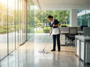 Professionele schoonmaker in uniform die kantoorvloer dweilt in modern open kantoor met grote ramen en natuurlijk daglicht.